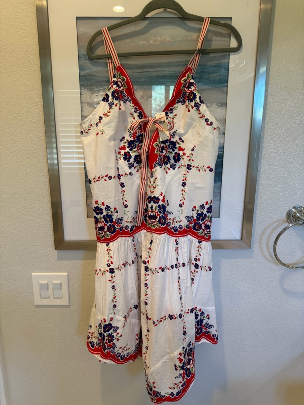 Anthropologie White Floral Tie-Front Sundress with Red and Blue Accents